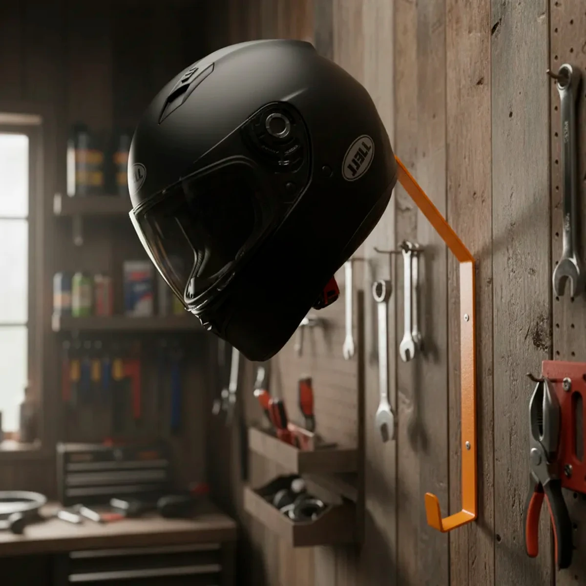 Set de 2 soportes naranjas para colgar cascos de moto en pared de taller, organiza herramientas.