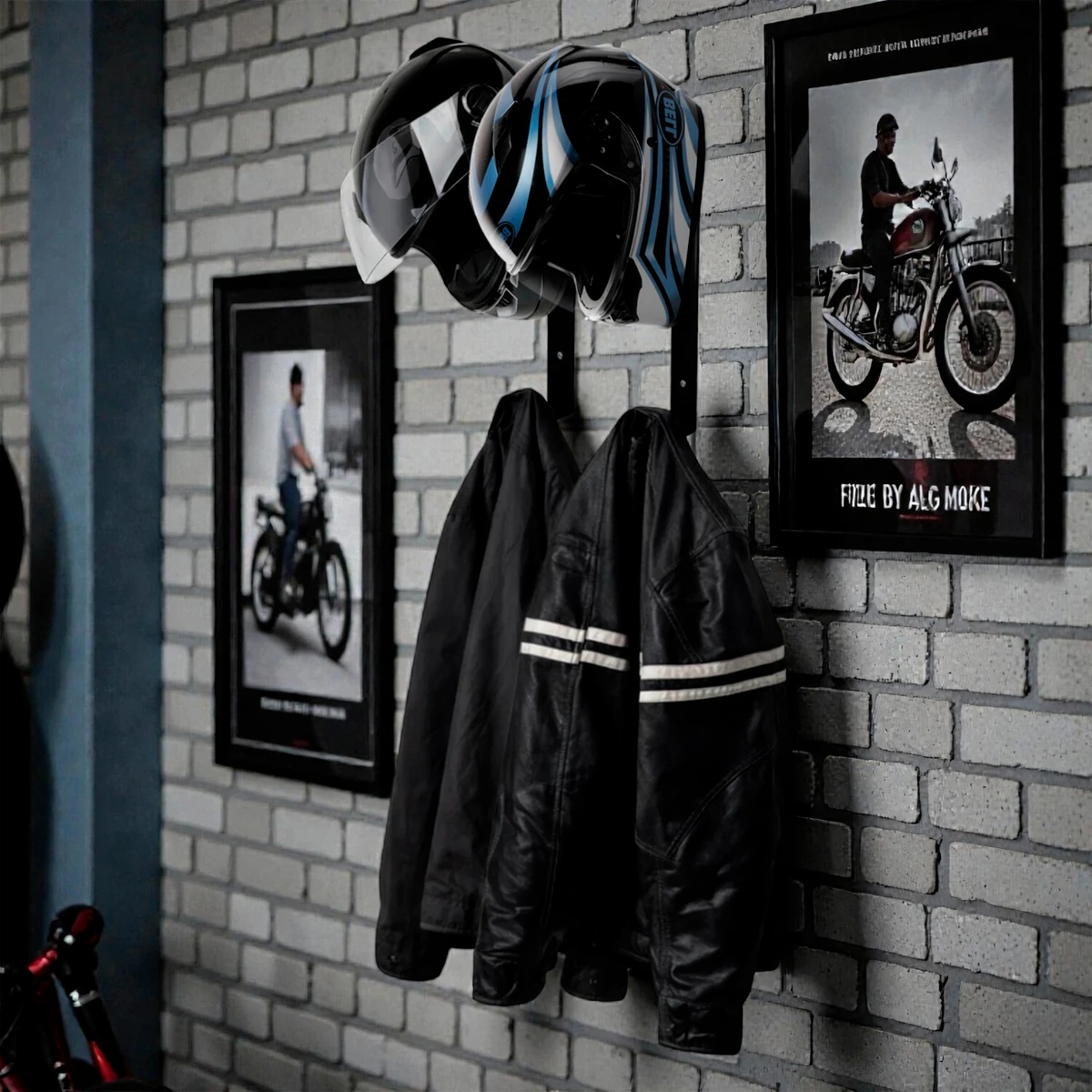 Set de dos soportes negros para cascos de moto y dos chaquetas colgando, con cuadros de motociclistas al fondo.