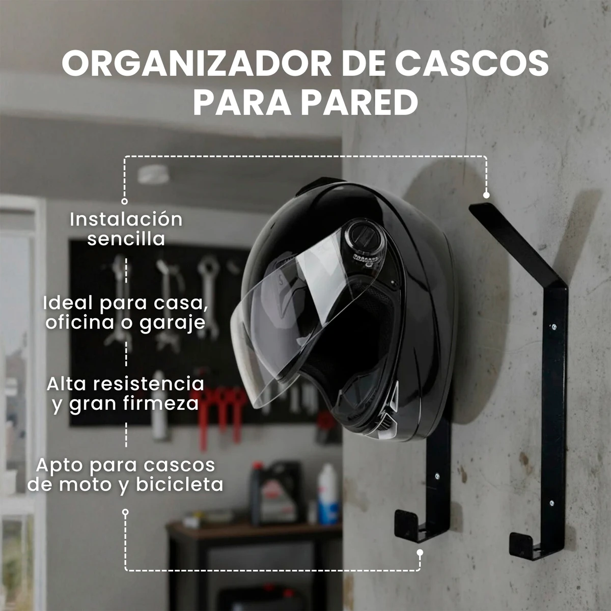 Organizador de cascos negro para pared, ideal para moto y bicicleta, alta resistencia.