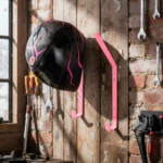 Set x2 soportes para casco de moto color rosa neón, colgados en pared de madera con herramientas.