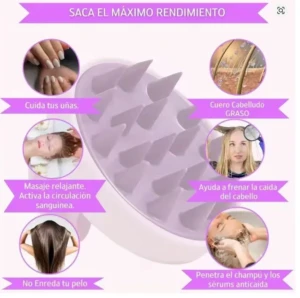 Cepillo masajeador capilar morado para cuidado del cabello, uñas, relajación y anticaída.