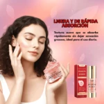 Mujer aplica crema facial Dragon Blood, tarro abierto con textura rosada y frascos del producto.