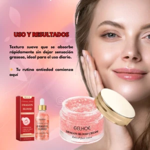 Set tratamiento facial Sangre de Dragón con serum y crema en envase rosado, para piel joven.