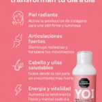 Colágeno líquido Yoi, botella rosa, con beneficios para piel radiante, articulaciones fuertes, cabello y uñas, y energía.