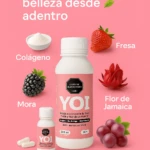 Colágeno líquido YOI con fresa, mora, flor de Jamaica y uva, presentación botella y cápsulas.