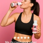 Mujer bebe colágeno líquido YOI sin azúcar, con presentación rosa.