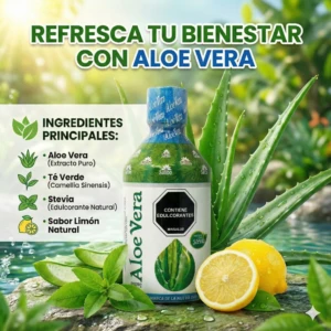 Bebida refrescante de Aloe Vera con limón y stevia, ingredientes principales y botellas en primer plano.