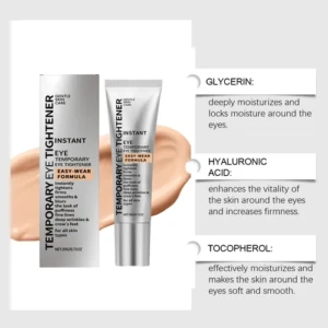 Crema tensora temporal para ojos con aplicador plateado y texto naranja, resaltando beneficios como hidratación y firmeza.
