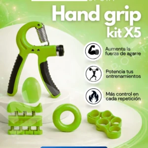 Kit de 5 ejercitadores de mano verdes, ideal para aumentar fuerza y control.
