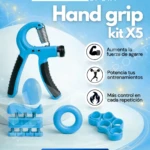 Kit de ejercitadores de mano Hand Grip X5 azules, con agarre, pelota y más, para fuerza.