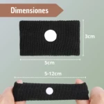 Manillas pulseras antimareo negras, con botón blanco, 3cm alto y 5-12cm expandibles.