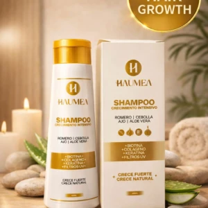 Set x2 Shampoo Haumea Crecimiento Intensivo, envase blanco con detalles dorados, para cabello, en presentación 400ml y 300ml.