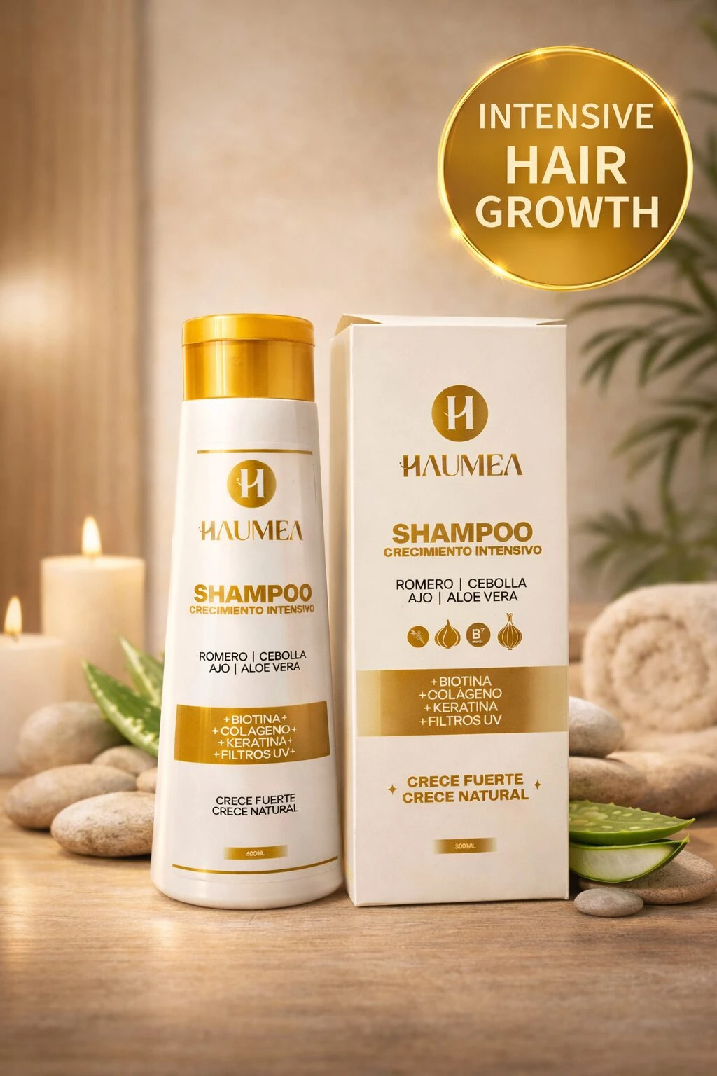 Set x2 Shampoo Haumea Crecimiento Intensivo, envase blanco con detalles dorados, para cabello, en presentación 400ml y 300ml.