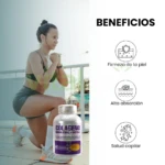Mujer en rutina de ejercicio junto a frasco de colágeno hidrolizado y biotina, beneficios piel y cabello.