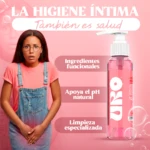 Jabón íntimo líquido Uro neutro pH natural, en botella rosa. Texto promueve higiene y salud.