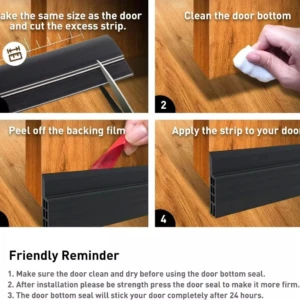 Tira negra autoadhesiva para sellar el borde inferior de puertas de madera contra corrientes y polvo.