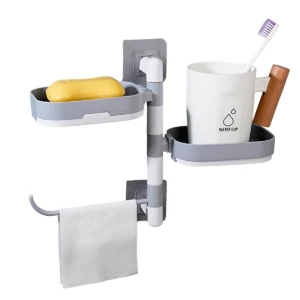 Jabonera de pared con 2 niveles gris y blanco, incluye toallero y soporte para vaso y cepillo.