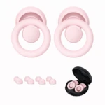Tapa oídos antiruido rosa pastel, incluye estuche y puntas de repuesto en tallas XS, S, M, L.