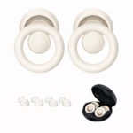 Tapa oídos antiruido Earplugs Ultra en blanco, incluye estuche y varios tamaños de almohadillas.