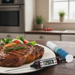 Termómetro digital de alimentos con sonda metálica, mostrando 29.2°C junto a un filete a la parrilla y ensalada.