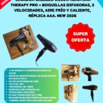 Secador de cabello profesional negro de 5000W con caja, incluye dos boquillas concentradoras, funciones de aire frío y caliente, y cable con lazo.