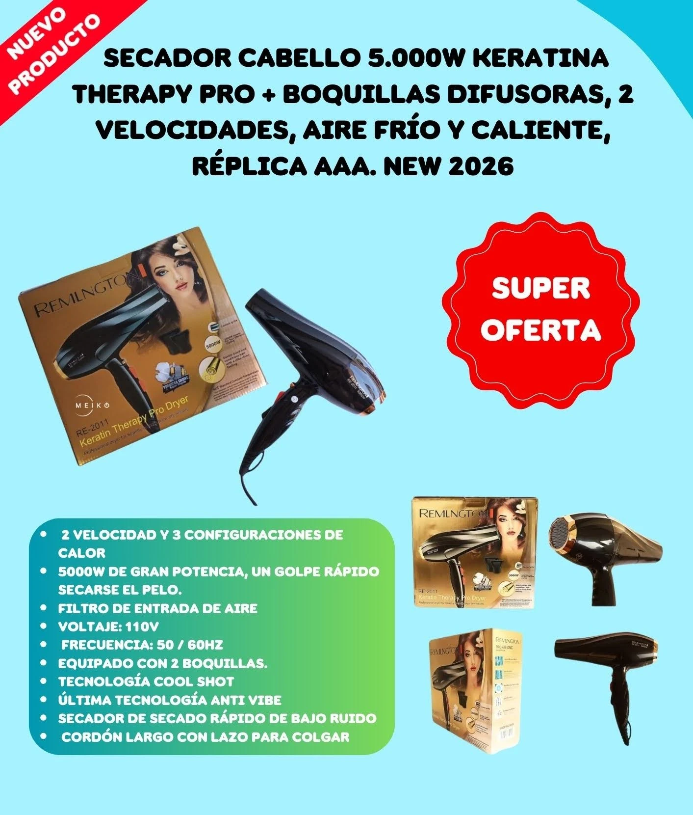Secador de cabello profesional negro de 5000W con caja, incluye dos boquillas concentradoras, funciones de aire frío y caliente, y cable con lazo.
