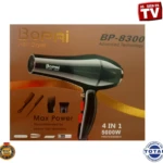 Secador profesional Bopai 5000W negro sobre caja, incluye dos boquillas concentradoras y dos peines accesorios. Diseño ergonómico de alta potencia.