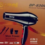 Caja de secador de cabello profesional Bopai 5000W color negro con sus accesorios incluidos: dos peines, una boquilla concentradora y una difusora.
