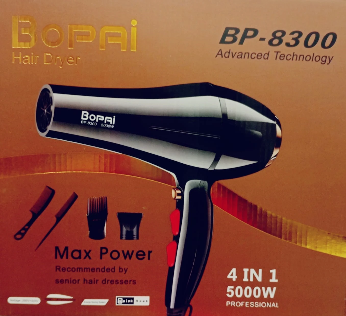 Caja de secador de cabello profesional Bopai 5000W color negro con sus accesorios incluidos: dos peines, una boquilla concentradora y una difusora.
