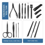Set de manicura y pedicura con herramientas de acero inoxidable para cuidado facial y de pies.