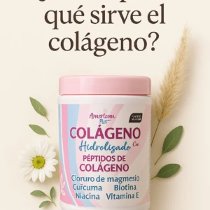 Colágeno hidrolizado con péptidos, magnesio, cúrcuma, biotina, niacina y vitamina E en envase rosa y blanco.