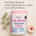 Colágeno hidrolizado en polvo American Plus, frasco blanco con tapa rosa, con hojas y flor.