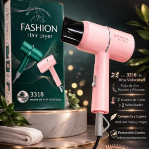 Secadora de cabello portátil Rongfu MLL-3318 rosa con caja y secadora verde.