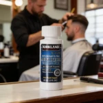 Botella de Minoxidil Kirkland 5% para hombres, solución tópica en un salón de barbería.
