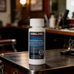 Botella de Kirkland Signature Minoxidil 5% para hombres, solución tópica sin aroma para el crecimiento del cabello.
