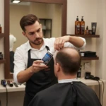 Barbero aplica Minoxidil Kirkland 5% en cabeza de hombre para estimular crecimiento de cabello.