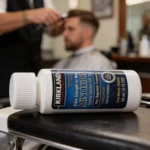 Botella de Kirkland Minoxidil 5% en solución tópica para hombres, en barbería.