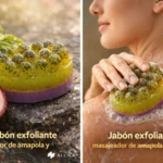 Jabón exfoliante masajeador con semillas de maracuyá en capas verde y morado, usado en ducha.