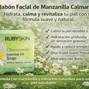 Jabón facial de manzanilla RubySkin con extractos naturales, calma, hidrata y revitaliza la piel.