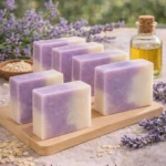 Jabones artesanales de avena y lavanda en dos tonos, sobre tabla de madera, con flores de lavanda y frasco de aceite.