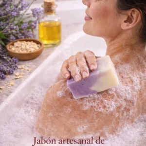 Jabón artesanal de avena y lavanda en baño de burbujas, mujer aplicándolo en su hombro.