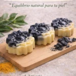 Jabón artesanal de carbón activado y cúrcuma con dos capas, en forma de flor, sobre tabla de madera.
