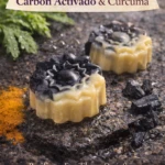 Jabón artesanal de carbón activado y cúrcuma, en forma de flor, ideal para purificar, equilibrar y desinflamar.