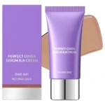 Serum BB Cream Perfect Cover tono piel oscura en envase morado y muestra de producto.