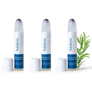 Set de 3 roll-on de serum capilar Babdmise con aplicador metálico, frascos blancos y azules, con romero.
