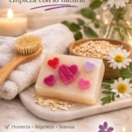 Jabón artesanal de avena y manzanilla con corazones rosas y morados, ideal para pieles sensibles.