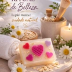 Jabón artesanal de avena con forma de corazón rosa. Ideal para rituales de belleza natural.