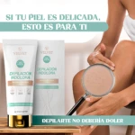 Crema depilatoria Velvet indolora para piel delicada, 0% dolor, con lupa mostrando textura de piel suave.
