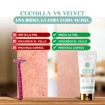 Comparativa: crema depilatoria Velvet contra cuchilla para depilar piel irritada, vello y cortes.