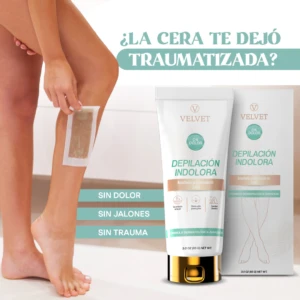 Mujer aplicando banda depilatoria indolora Velvet en pierna. Incluye texto "SIN DOLOR", "SIN JALONES", "SIN TRAUMA".